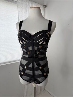 Honey Birdette Black Strappy Mesh and gold playsuit Bodysuit women lingerie 34C